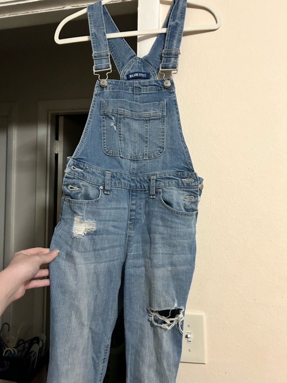 Blue Spice Faded Light Blue Distressed Denim Overalls